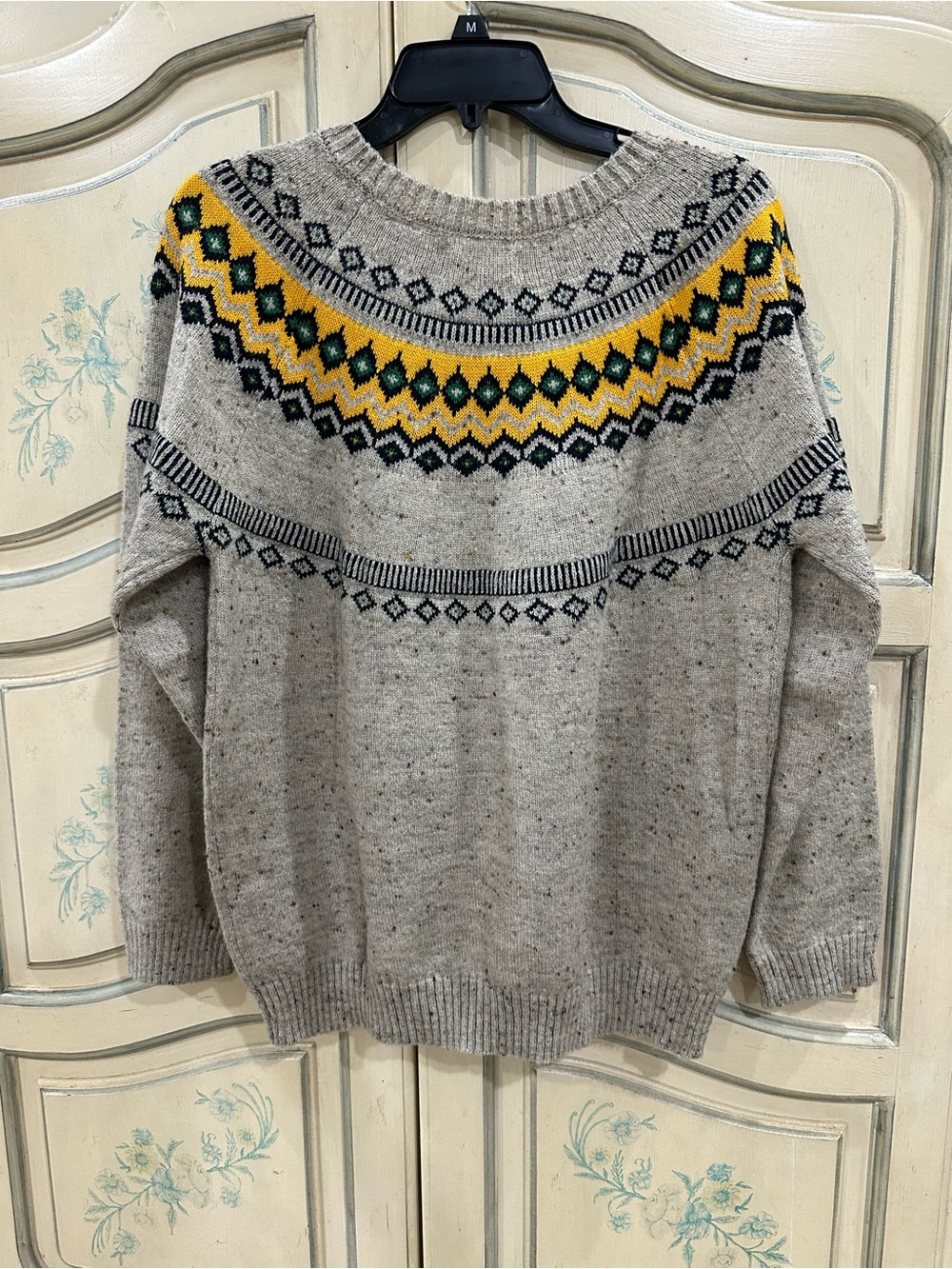 Weatherproof Fair Isle Sweater in Heather Gray with Yellow & Green Accents